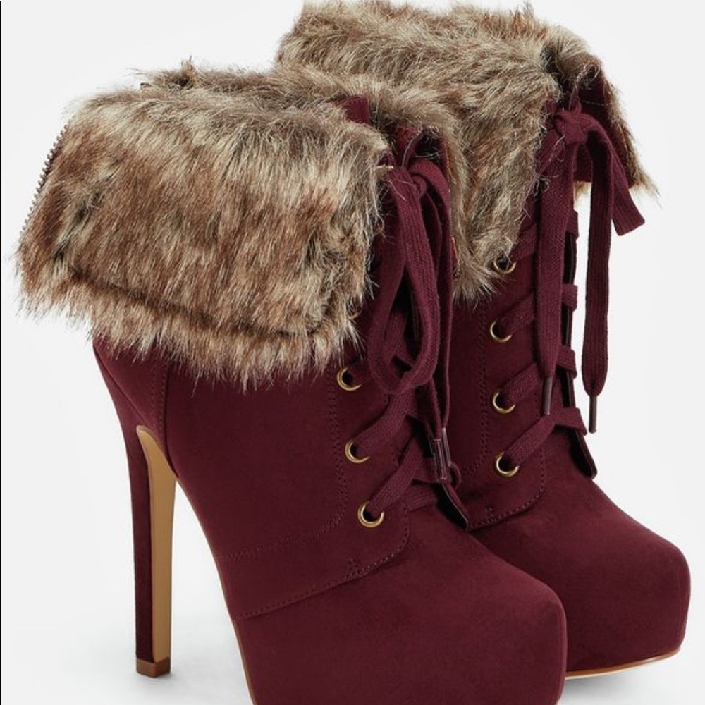 Burgundy Fur Ankle Boots